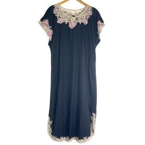 Vintage Embroidered Black Dress  White Floral Lace Rayon Dress Pink Green